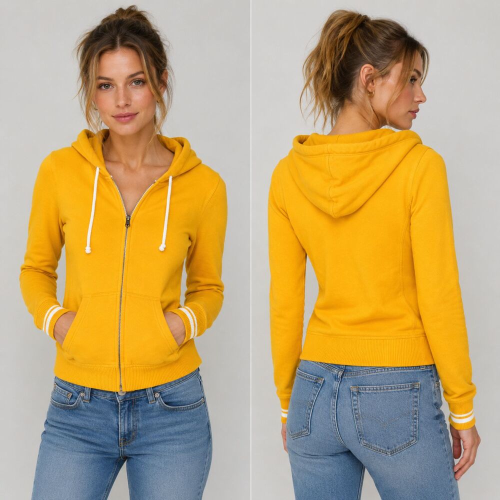 Mitchell & Ness Women’s Yellow Hoodie M full Zip Distressed Script Logo